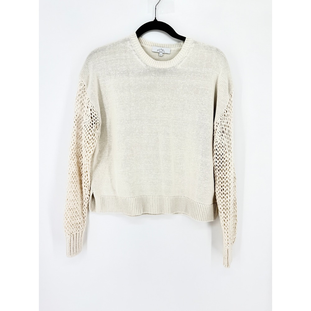 Pearl by Lela Rose Cream Fisherman Crochet Sleeve Sweater Coastal Nautical Summe